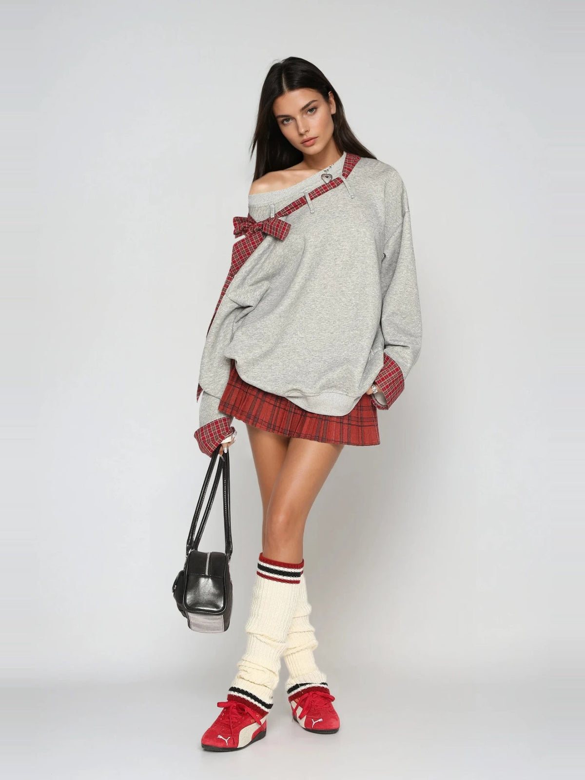 Derrick Plaid Bow Asymmetric Neck Oversized Top - Grey — Svelte Chic