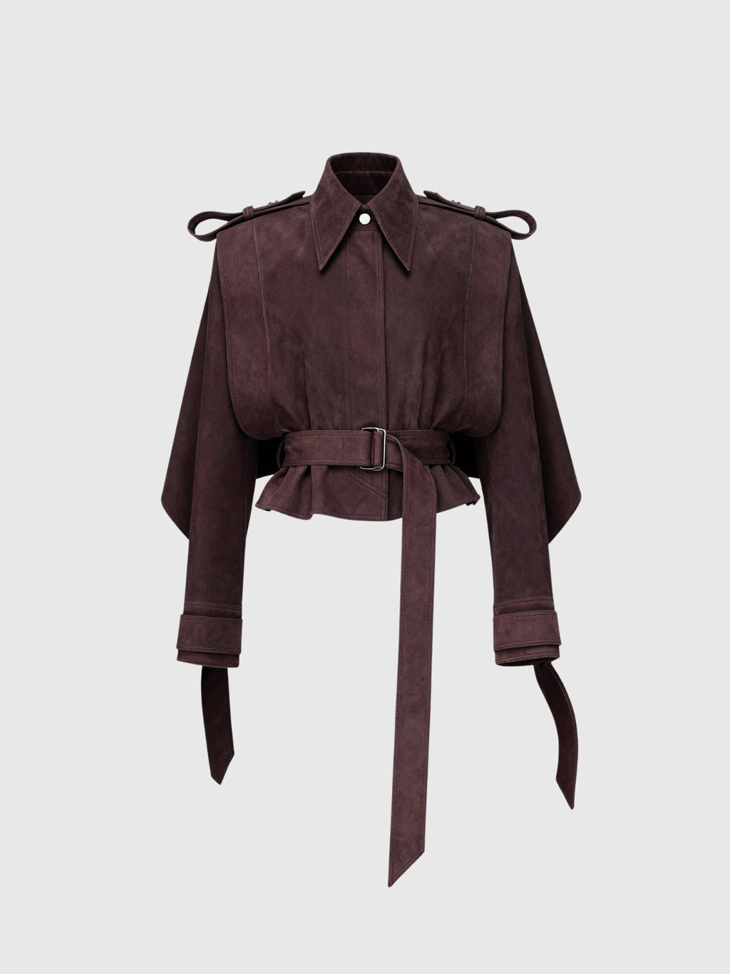 Dillon Cape Shoulder Belted Suede Jacket - Burgundy — Svelte Chic
