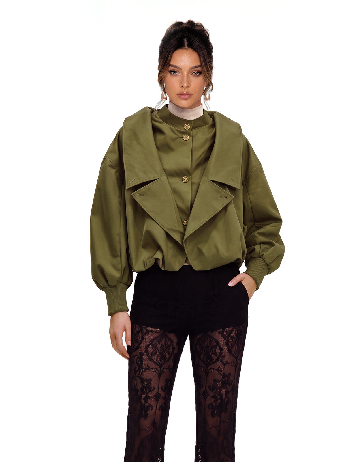 Kiora Balloon Sleeve Satin Bomber Jacket - Khaki — Svelte Chic