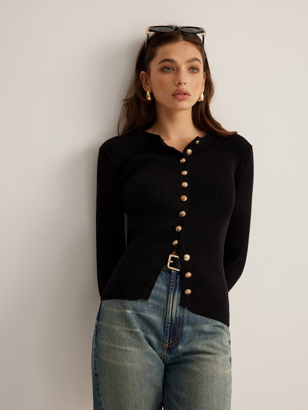 Button Down Ribbed Slim Knit Top — Svelte Chic