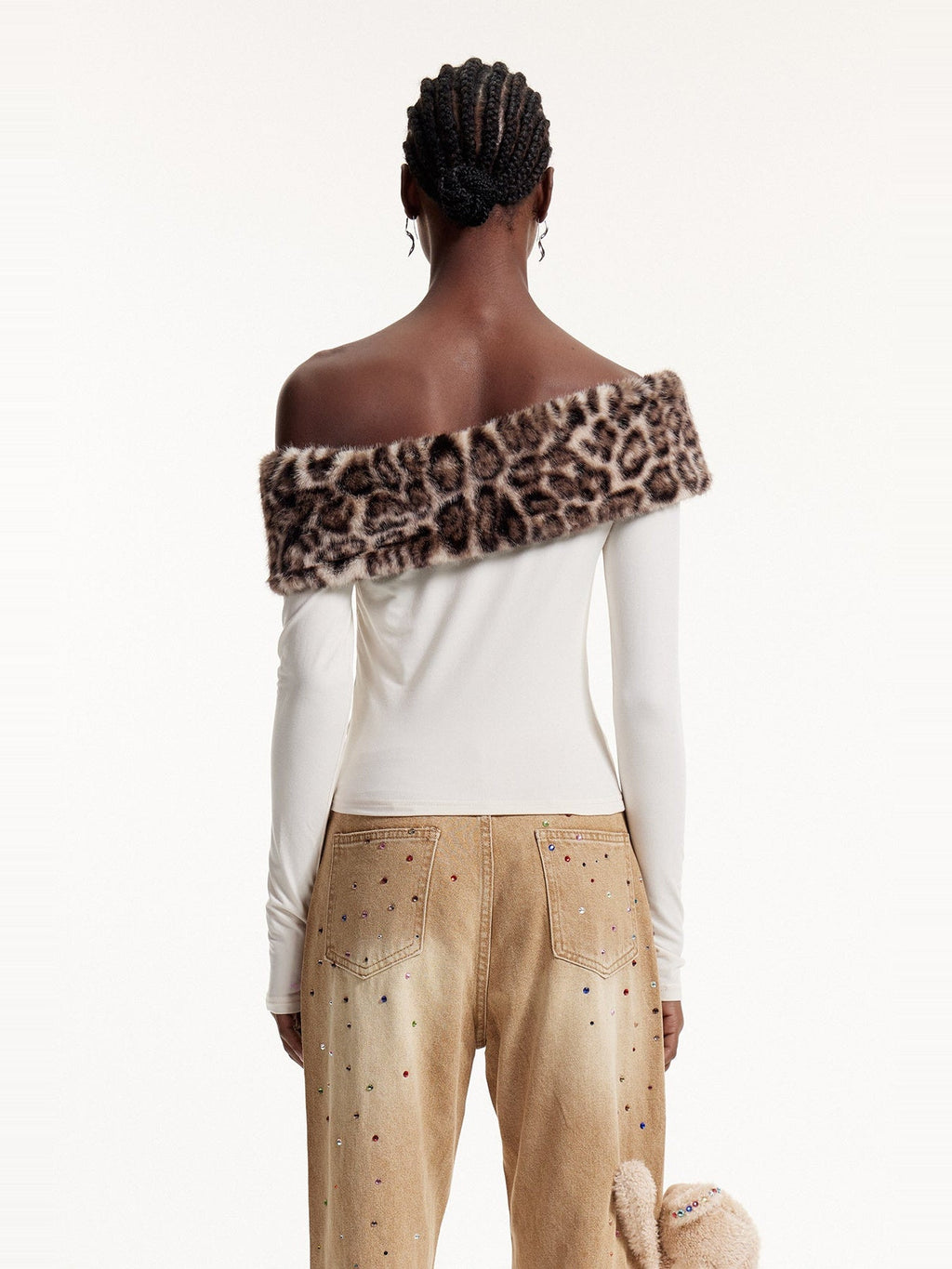Ellis Leopard Faux Fur Asymmetric Shoulder Top - Ivory — Svelte Chic