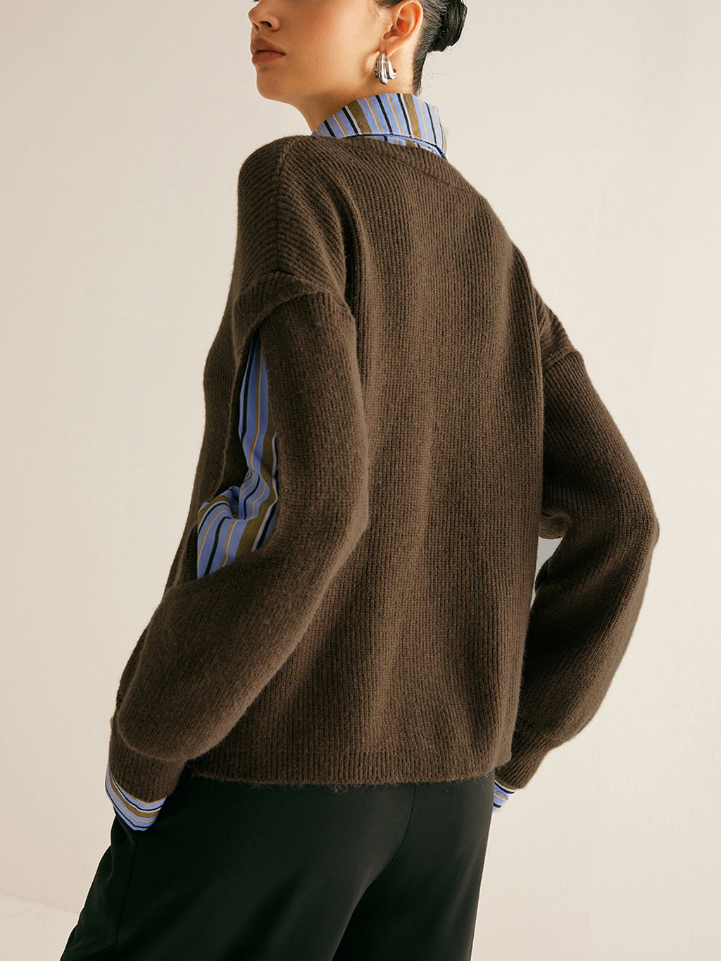Shirt Layered Cutout Sleeve Ribbed Sweater - Dark Brown — Svelte Chic