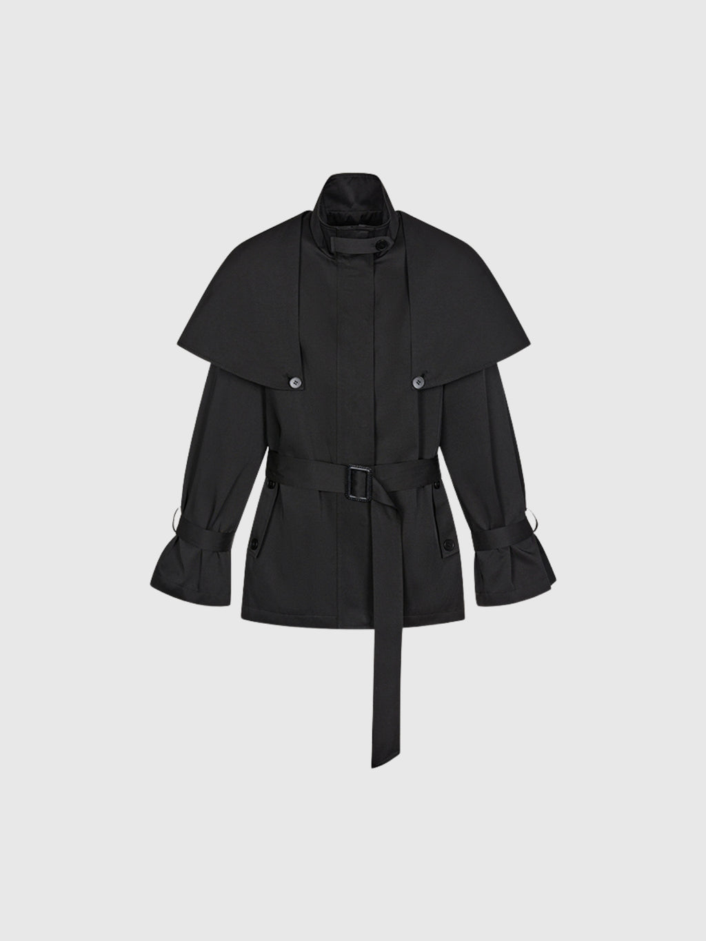 Davide Caped-Shoulder Belted Short Trench Coat - Black