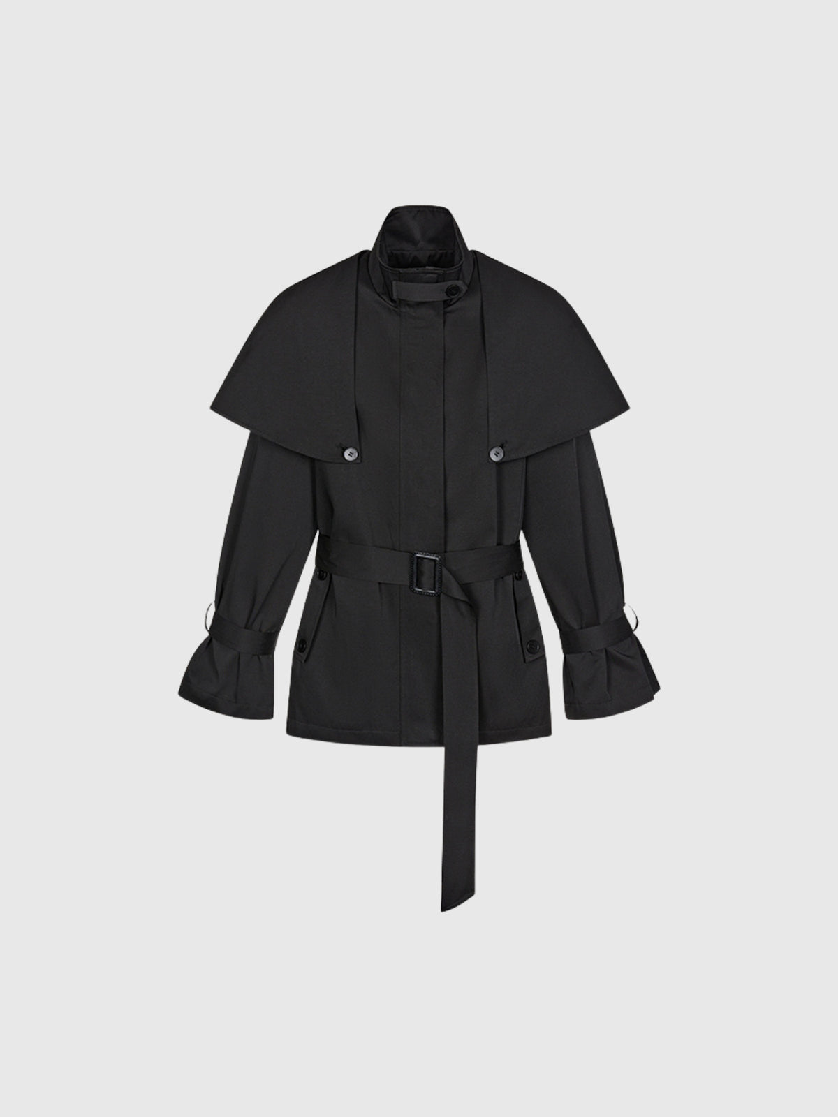 Davide Caped-Shoulder Belted Short Trench Coat - Black