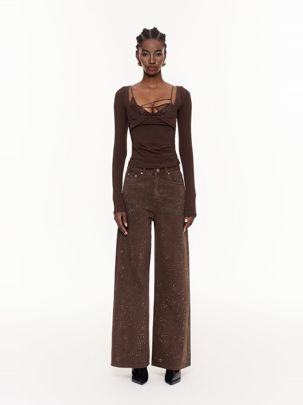 Eideard Leopard Lace Detail Long Sleeve Top - Chocolate — Svelte Chic