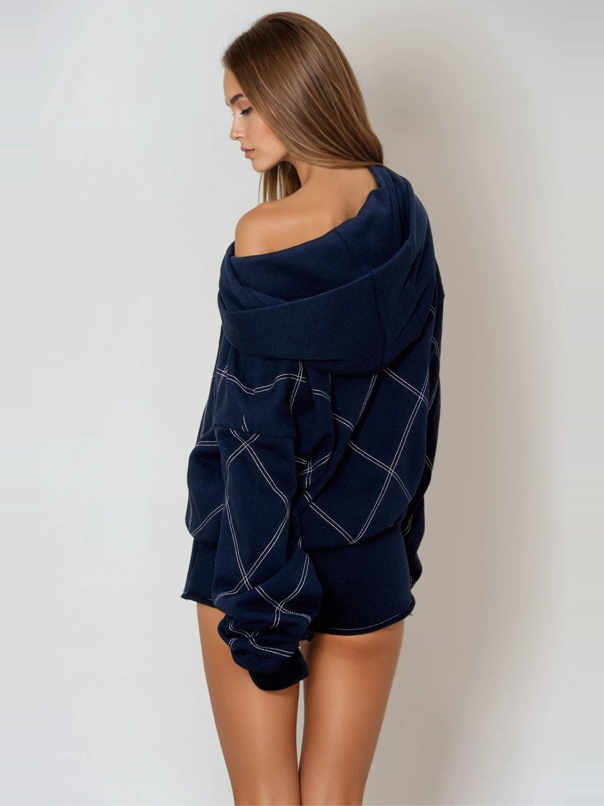 Ferdousi One Shoulder Plaid Knit Shorts Set - Navy — Svelte Chic