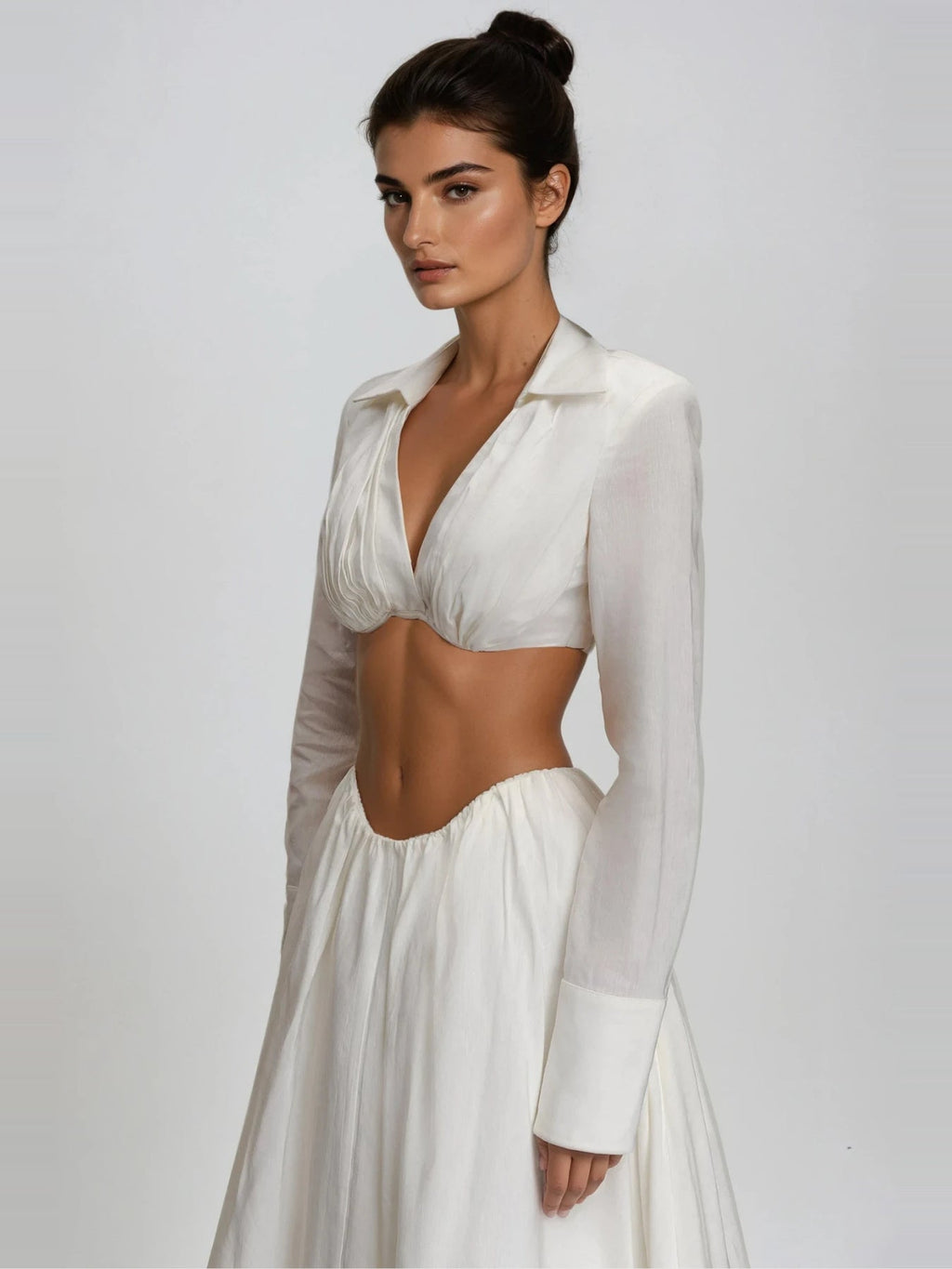 Diklah Collared Crop Top and Flared Midi Skirt Set - White — Svelte Chic