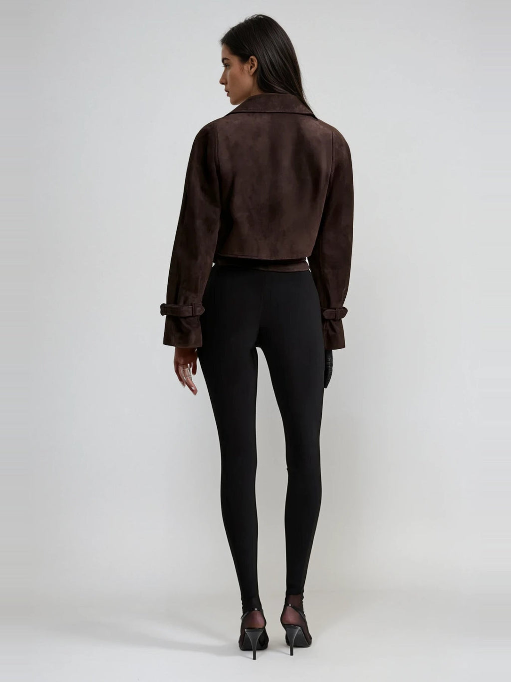 Chioma Wide-Lapel Buckled Suede Jacket - Chocolate — Svelte Chic