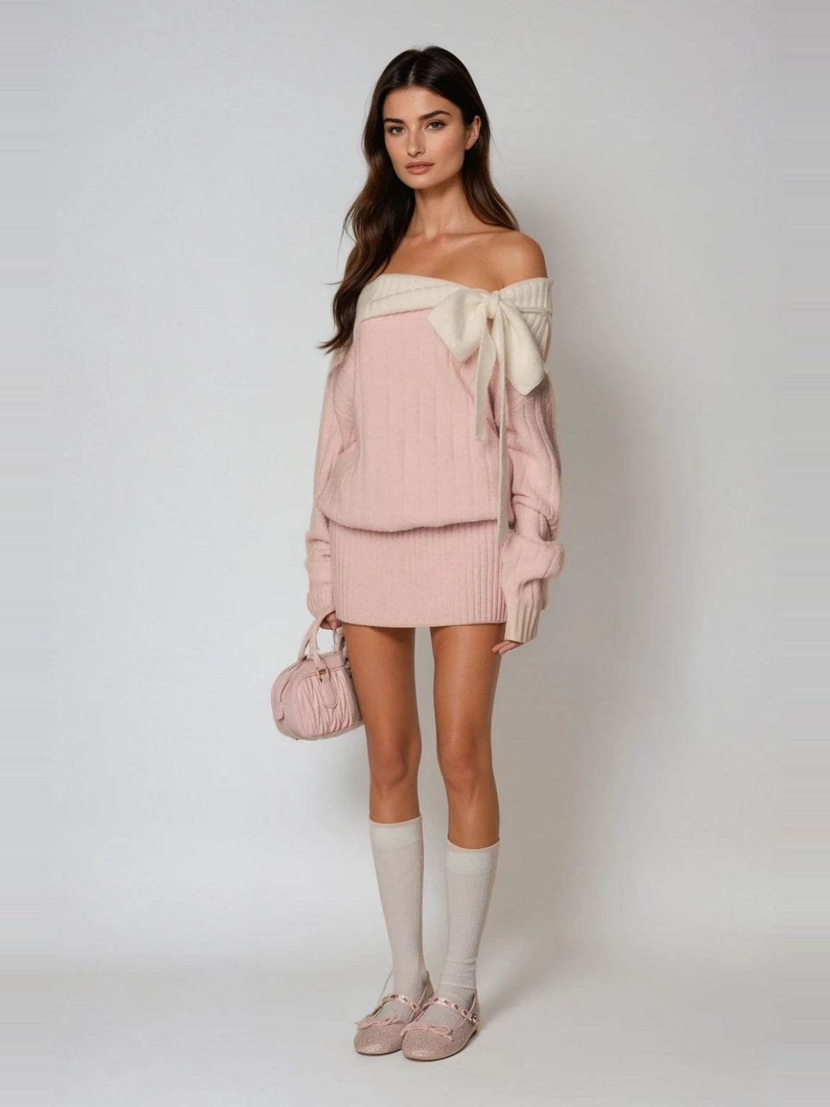 Devi Off-Shoulder Contrast Band Knit Mini Dress — Svelte Chic