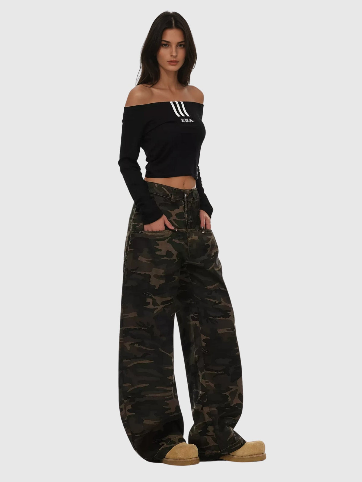 Becka Camouflage Print Curved Wide Leg Jeans - Khaki — Svelte Chic