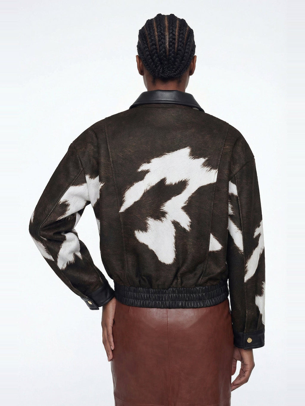 Elisabeta Cow Print Faux Leather Bomber Jacket - Brown — Svelte Chic
