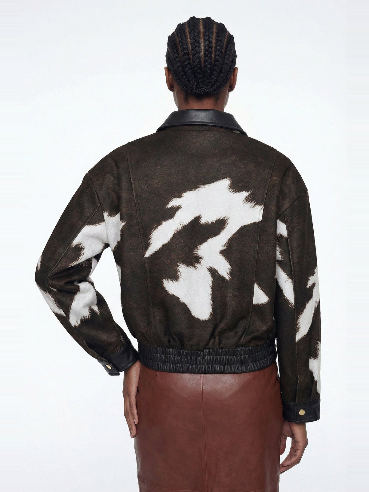 Elisabeta Cow Print Faux Leather Bomber Jacket - Brown — Svelte Chic