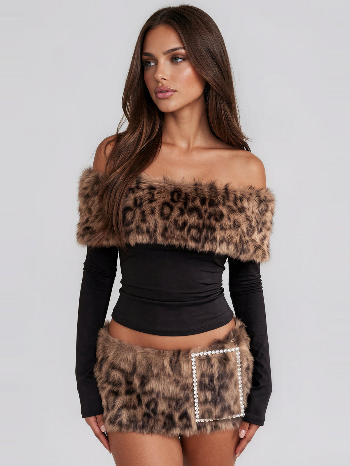 Kirstie Off-Shoulder Faux Fur Skirt Set - Black — Svelte Chic