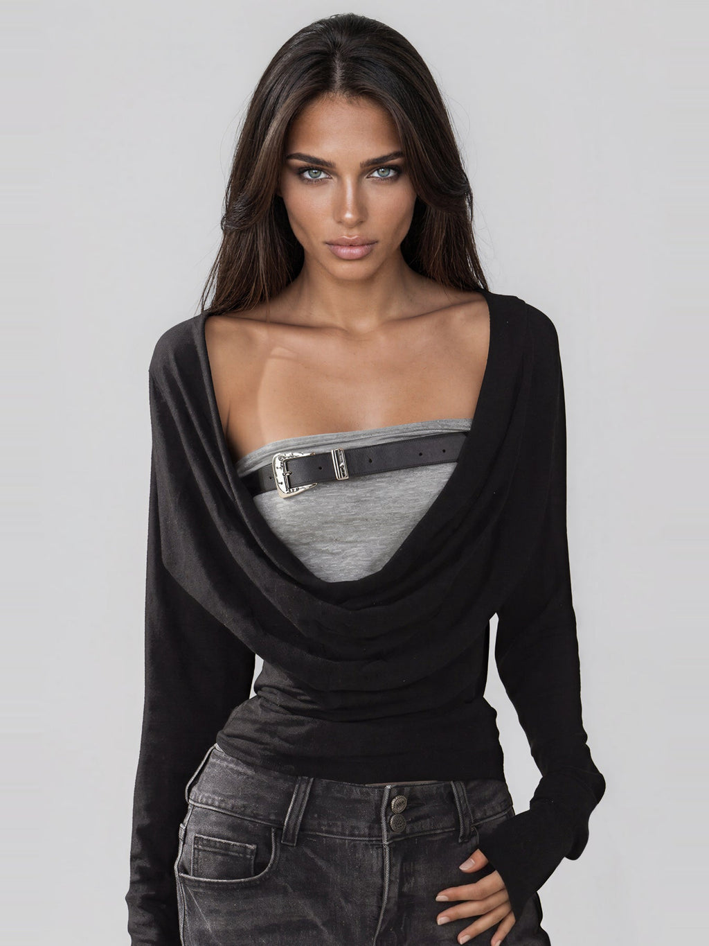 Kester Cowl Neck Buckle Long Sleeve Top - Black — Svelte Chic