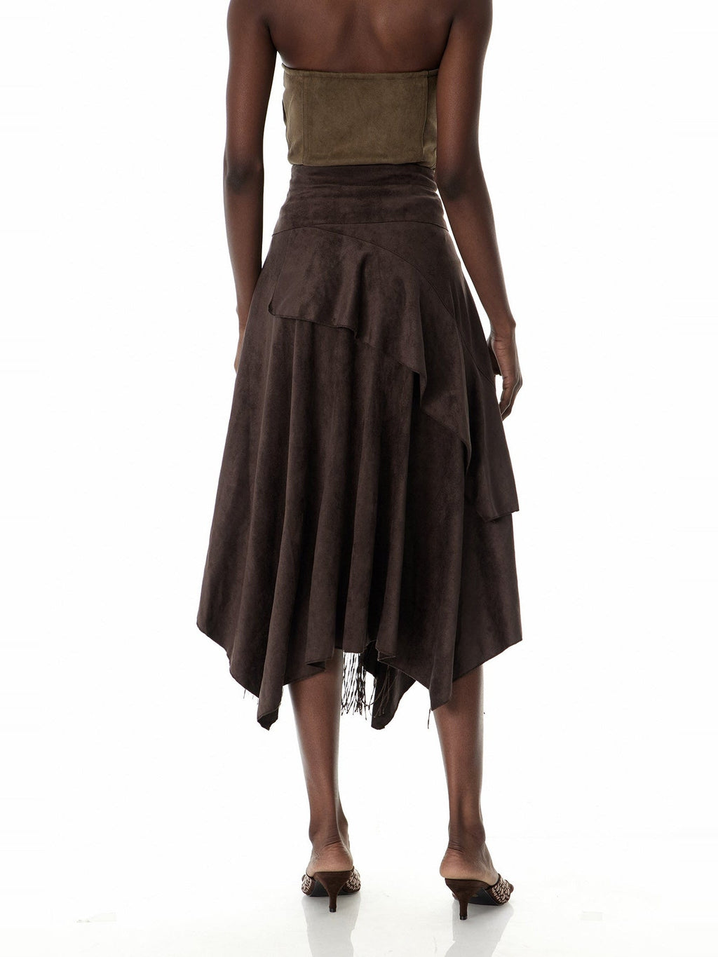 Cruz Tiered Ruffle Asymmetric Suede Maxi Skirt - Brown — Svelte Chic