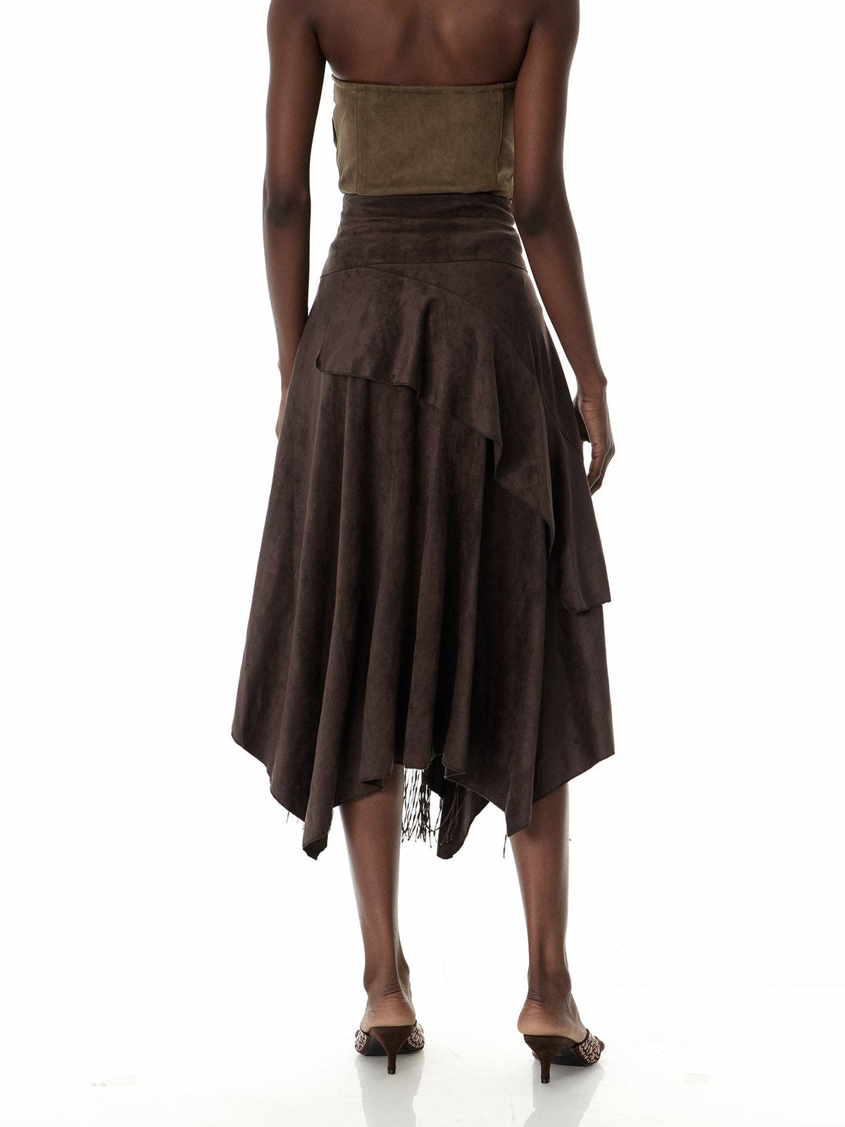 Cruz Tiered Ruffle Asymmetric Suede Maxi Skirt - Brown — Svelte Chic
