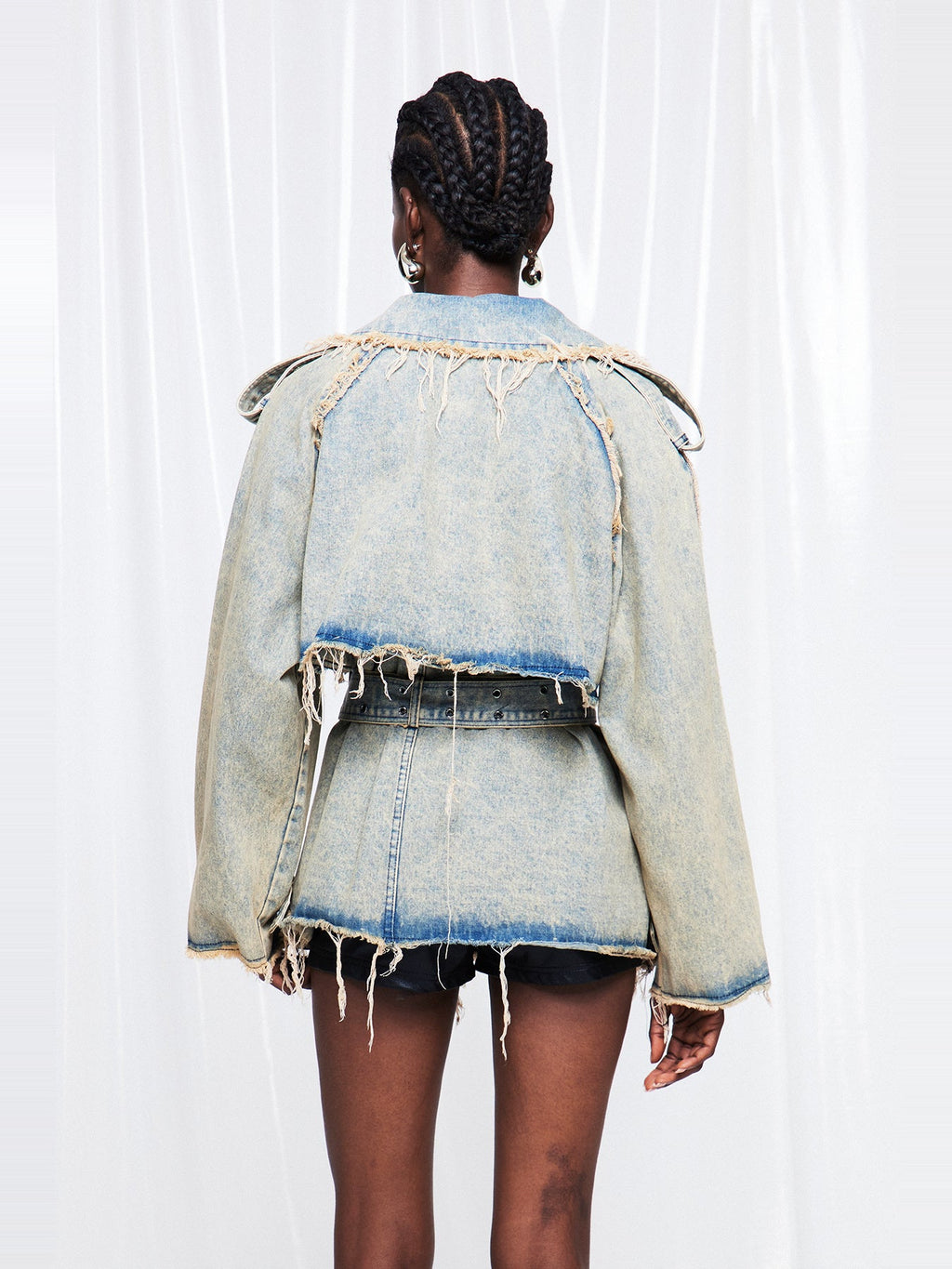 Friederike Fringe Belted Double-Breasted Denim Jacket - Light Blue — Svelte Chic