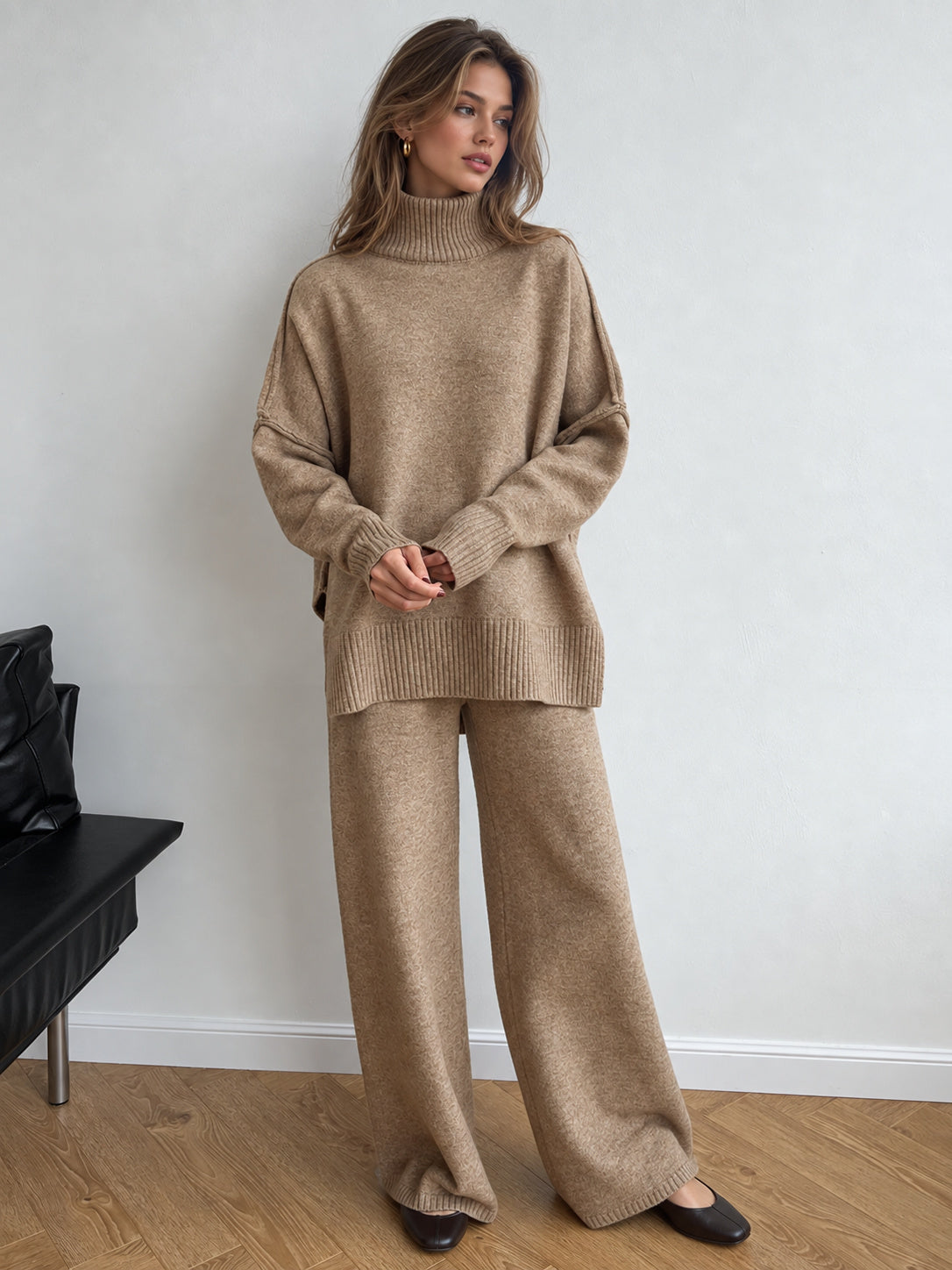 Turtleneck Oversized Knit Top and Pants Set — Svelte Chic