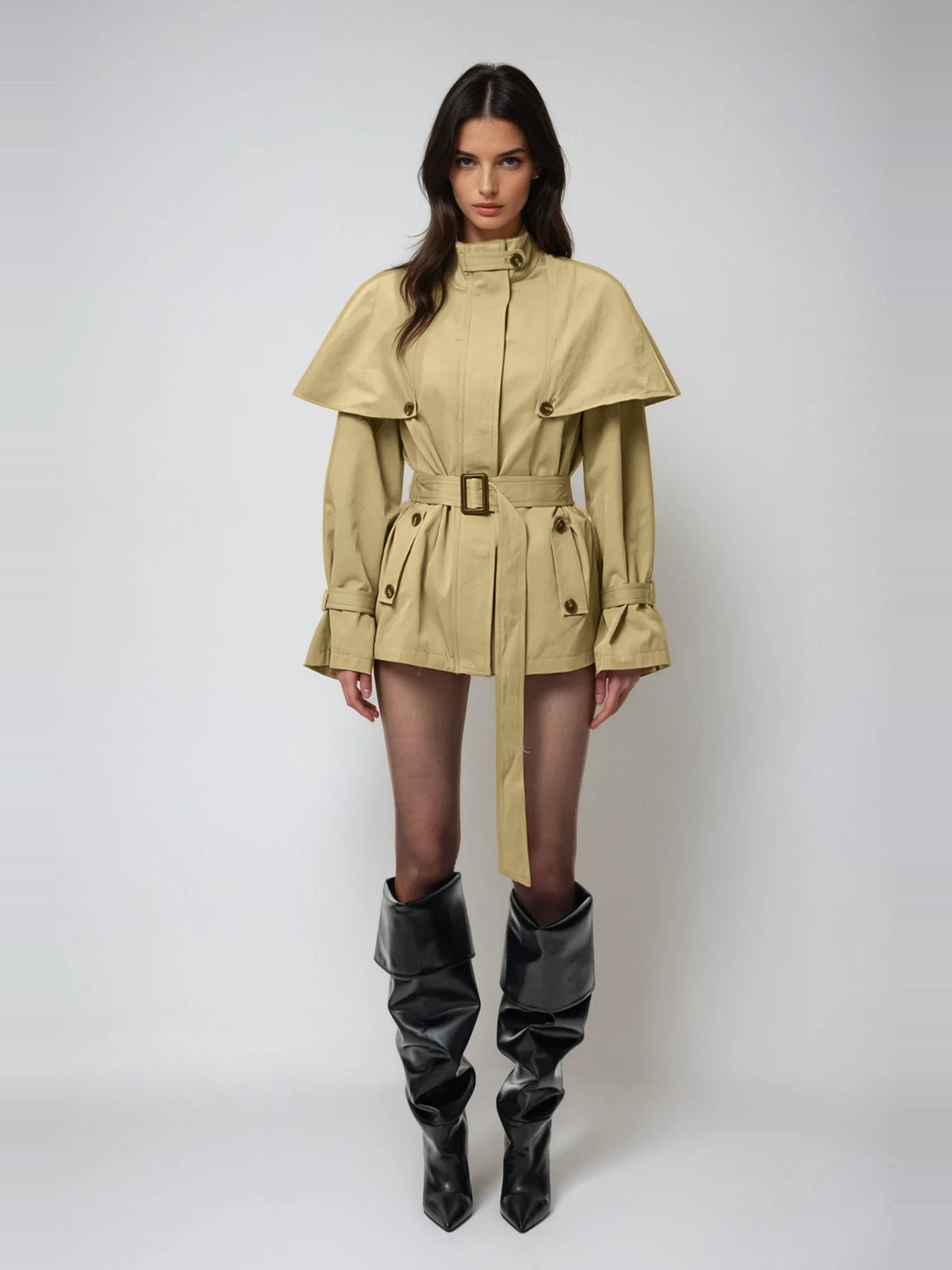 Davide Caped-Shoulder Belted Short Trench Coat - Khaki