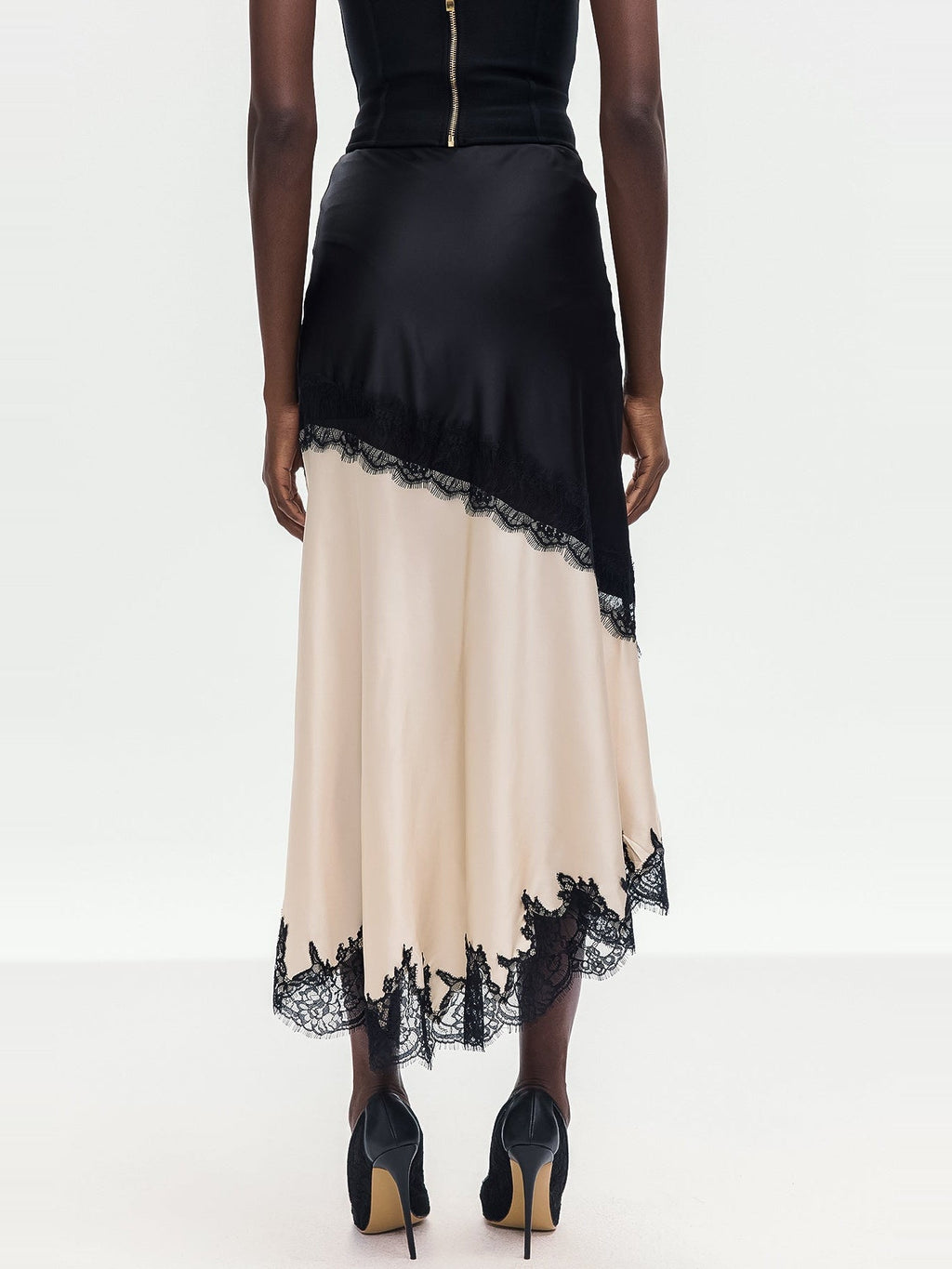 Bess Lace-Trimmed Asymmetric Satin Midi Skirt - Black and Cream — Svelte Chic