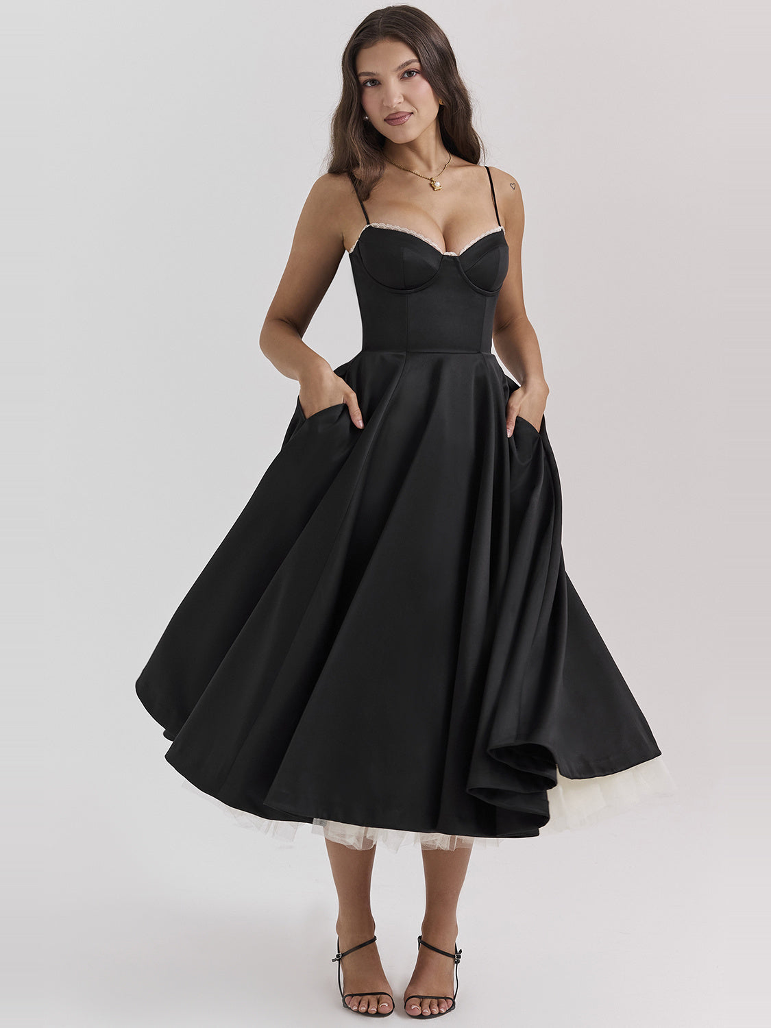 Mademoiselle Satin Tulle Sweetheart Midi Dress — Svelte Chic