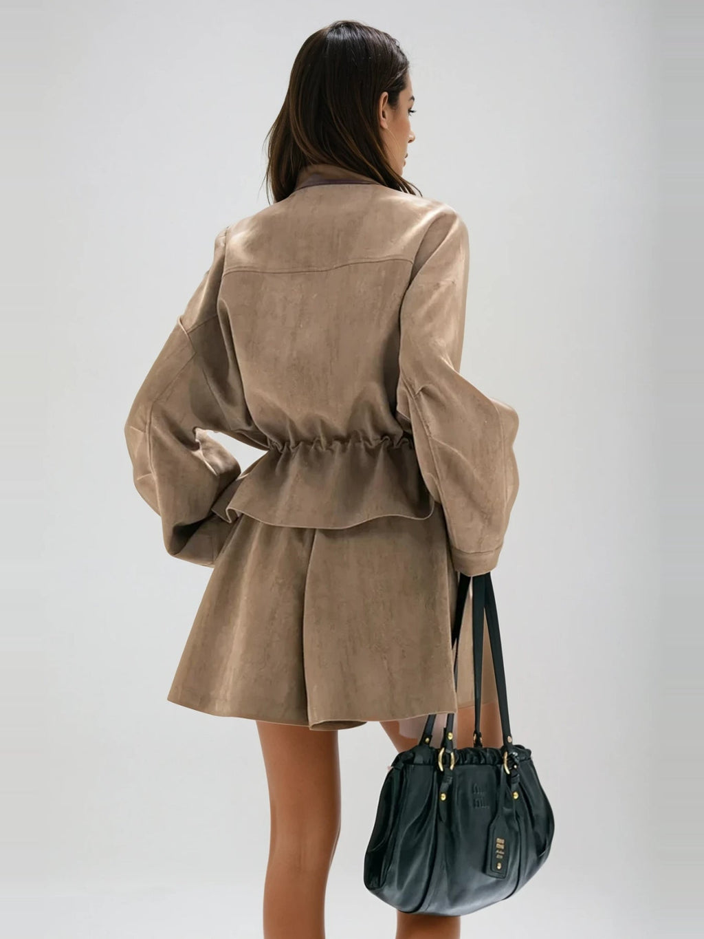 Aravinda Drawstring Suede-Touch Jacket and Shorts Set - Camel — Svelte Chic