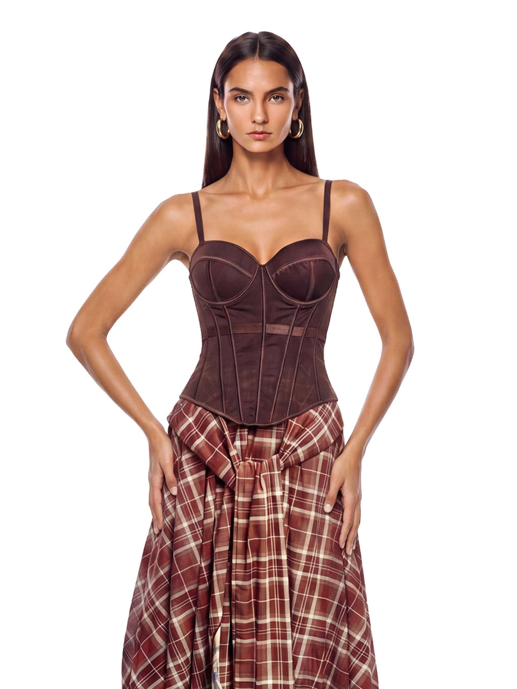 Ivanka Corset Top Checked Skirt Set - Burgundy — Svelte Chic