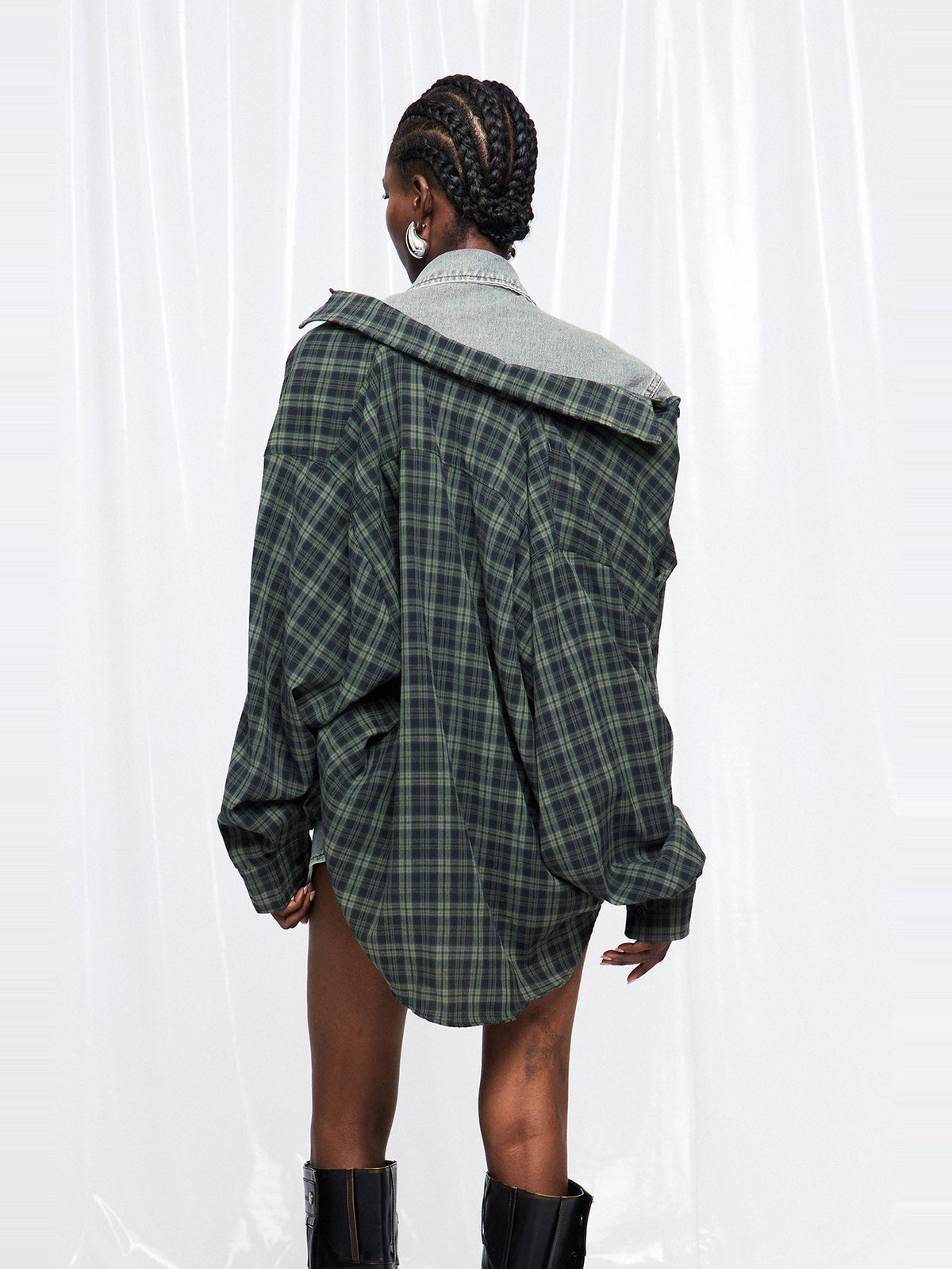 Friedrich Plaid Panel Oversized Denim Jacket - Grey — Svelte Chic