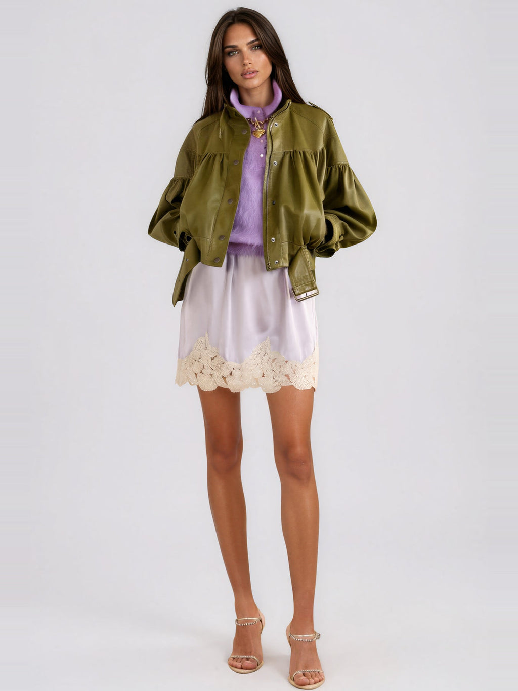 Kineks Belted Ruched Faux Leather Jacket - Olive Green — Svelte Chic