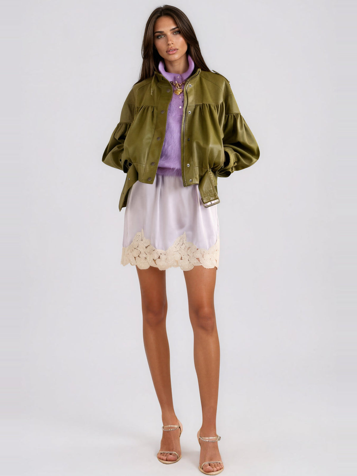 Kineks Belted Ruched Faux Leather Jacket - Olive Green — Svelte Chic