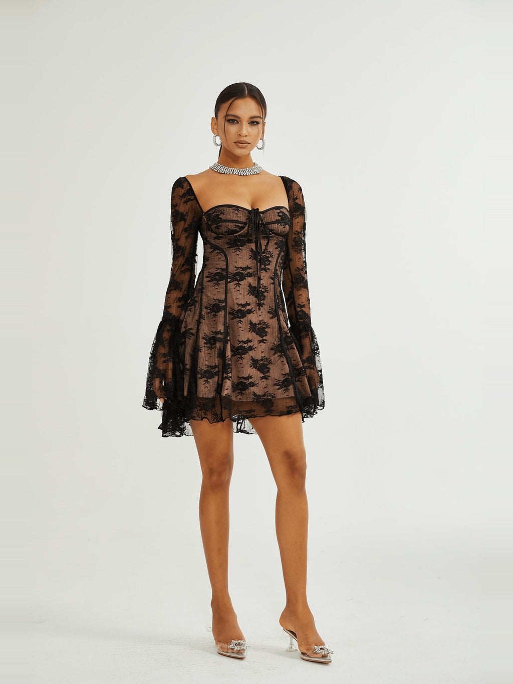 Cyrielle Lace Long Sleeve Square Neck Mini Dress — Svelte Chic