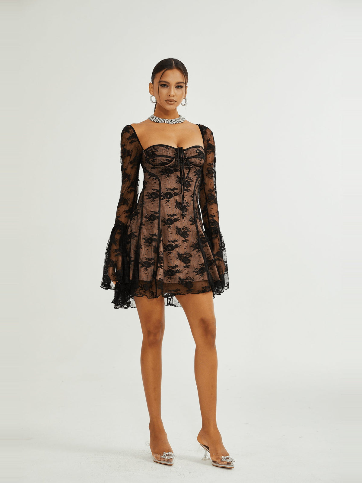Cyrielle Lace Long Sleeve Square Neck Mini Dress — Svelte Chic