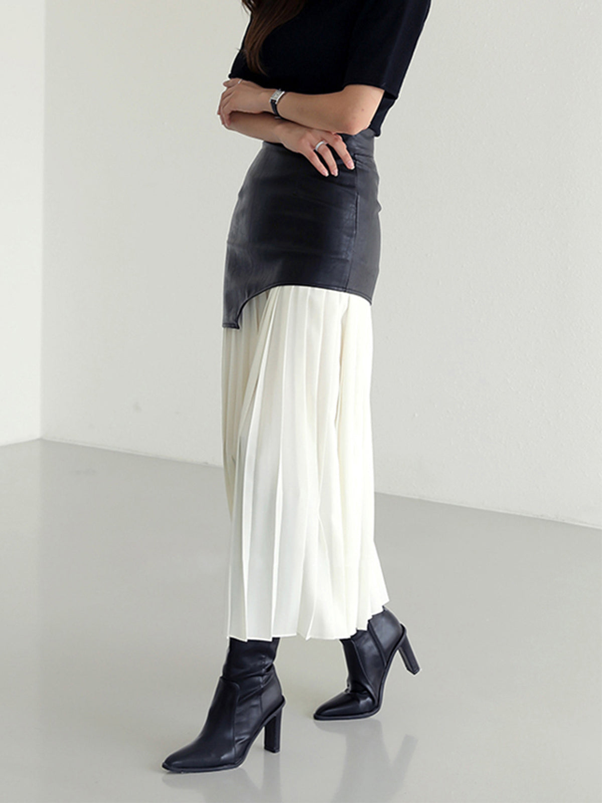 Asymmetric Faux Leather Pleated Midi Skirt — Svelte Chic
