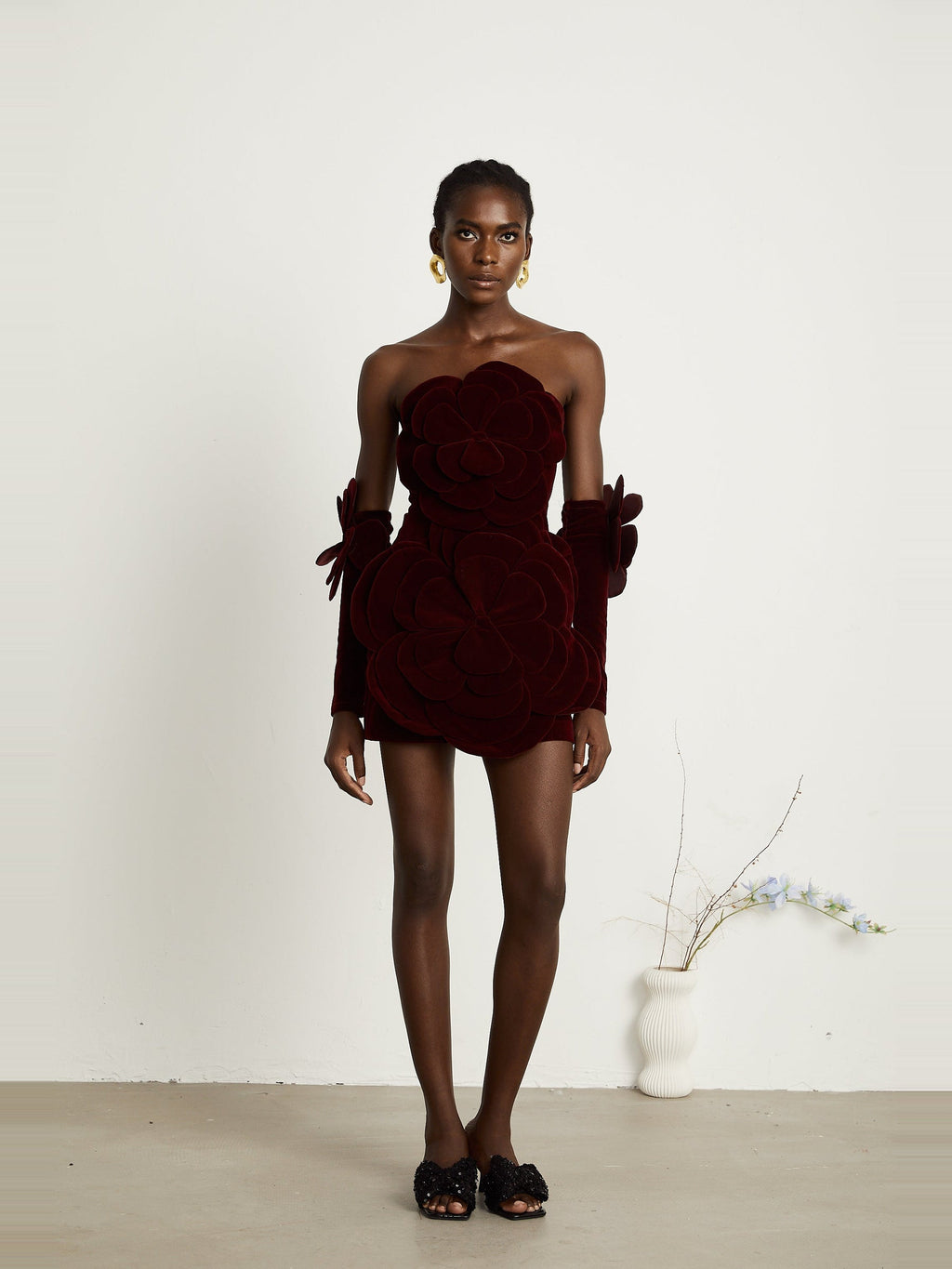 Azura Off-Shoulder Long-Sleeve Floral Velvet Mini Dress - Red — Svelte Chic