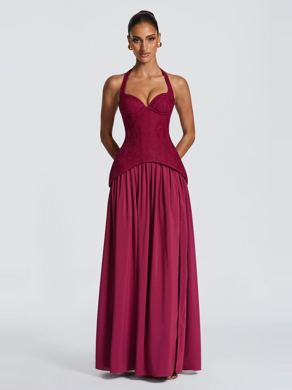 Almira Halter Lace Corset Maxi Dress with Slit — Svelte Chic
