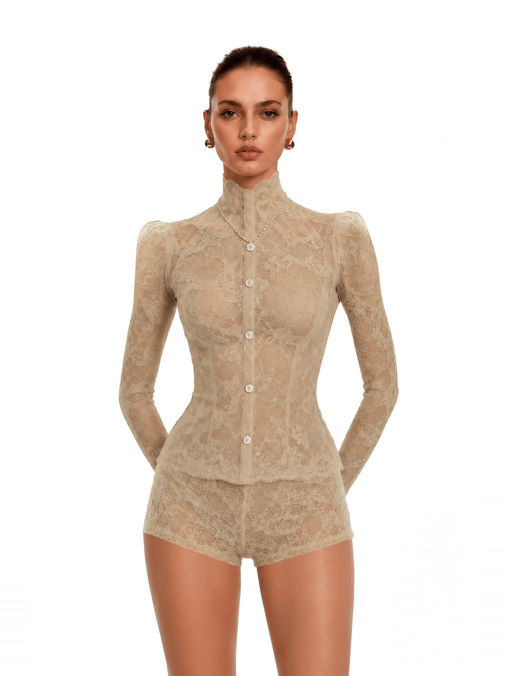Paislee Floral Lace High-Neck Jacket and Shorts Set - Neutral — Svelte Chic