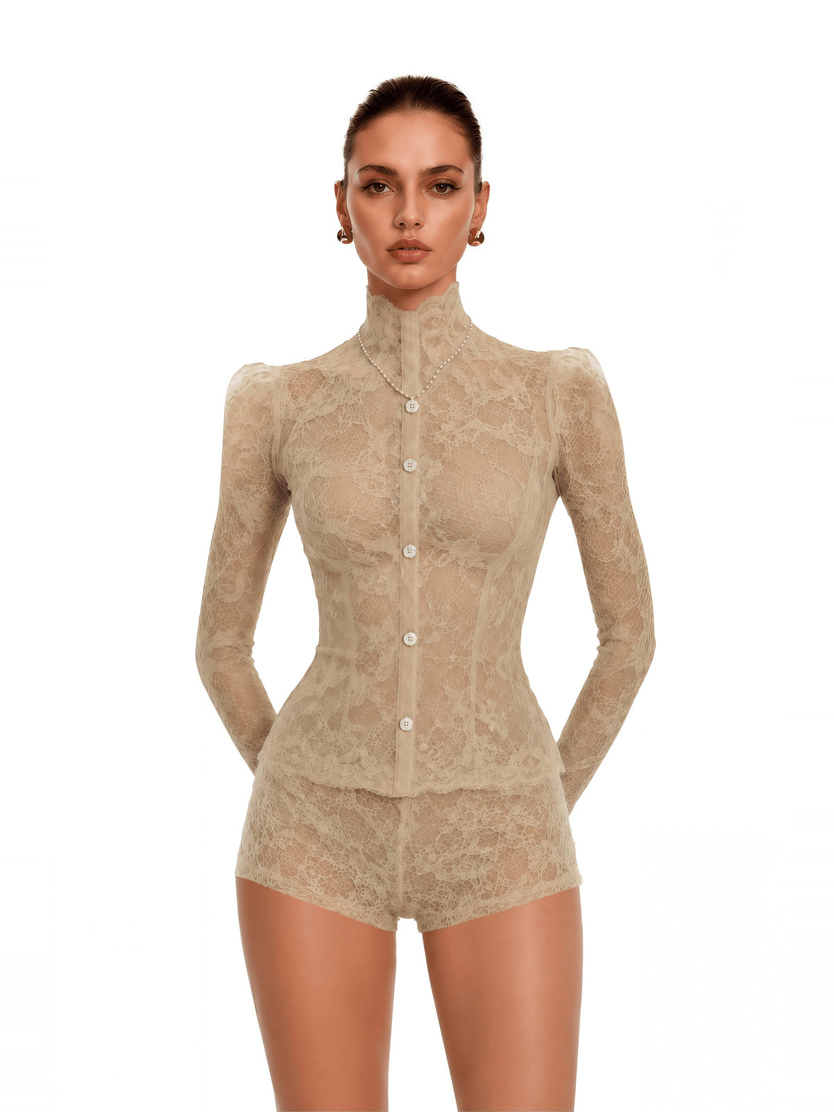 Paislee Floral Lace High-Neck Jacket and Shorts Set - Neutral — Svelte Chic