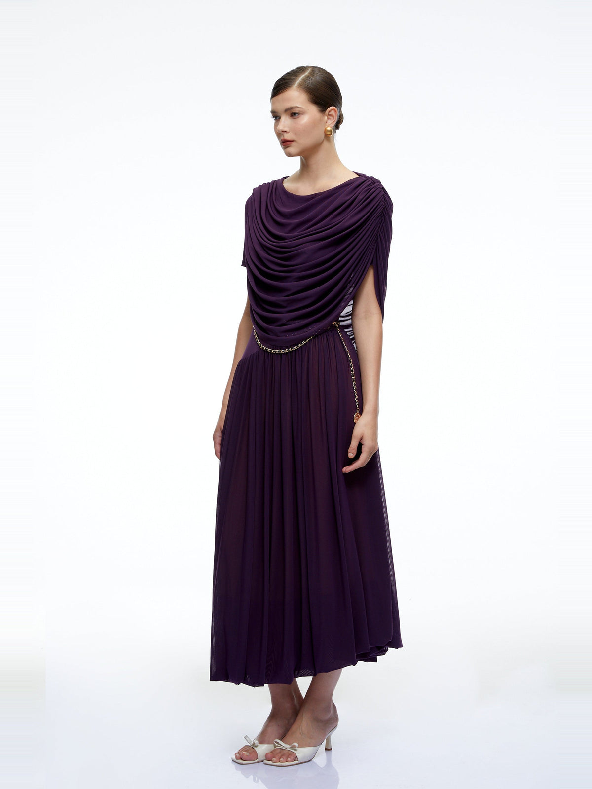 Lysiane Pleated Cowl Neck Midi Dress — Svelte Chic