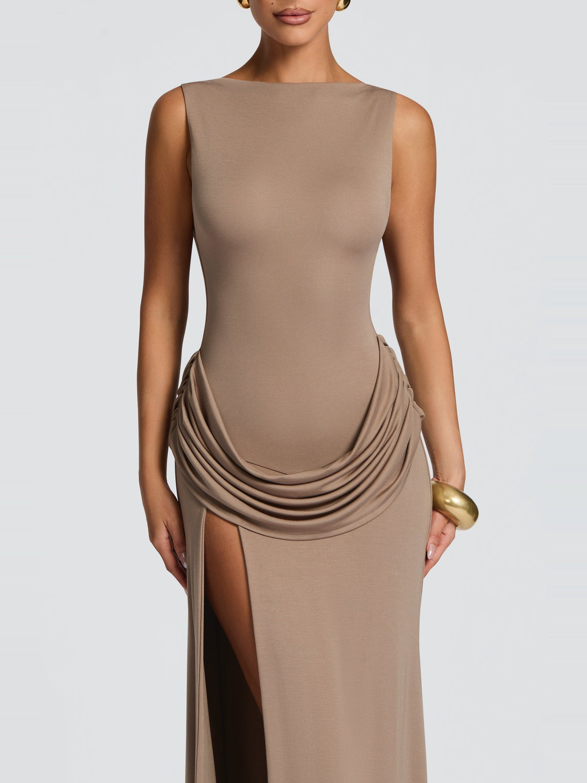 Bruna High Neck Open Back Jersey Maxi Dress with Slit — Svelte Chic