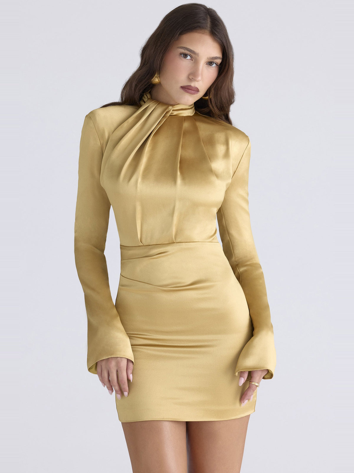 Amala Long Sleeve High Neck Satin Mini Dress — Svelte Chic