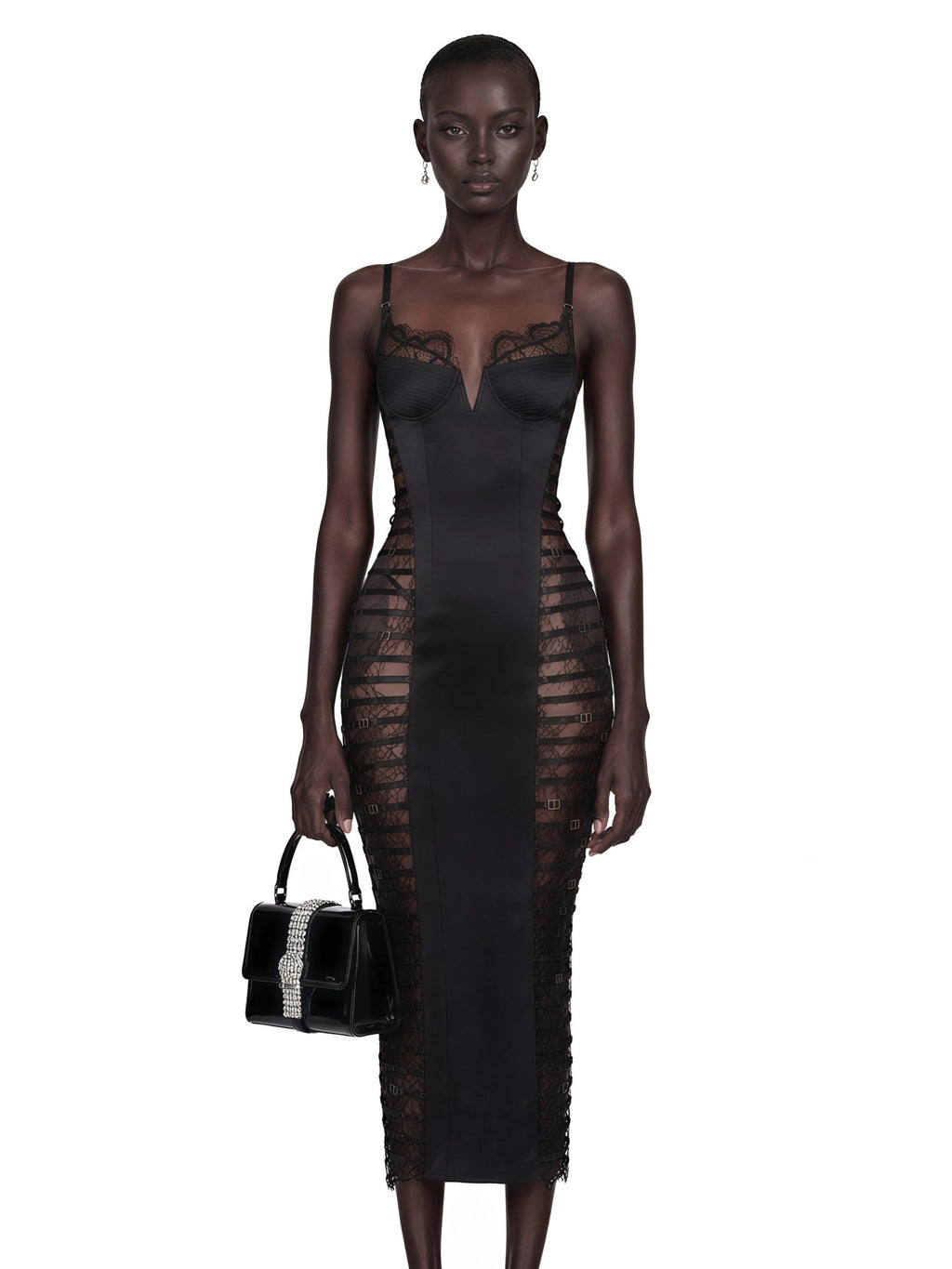 Melora Floral Lace Corset Slit Midi Dress - Black — Svelte Chic
