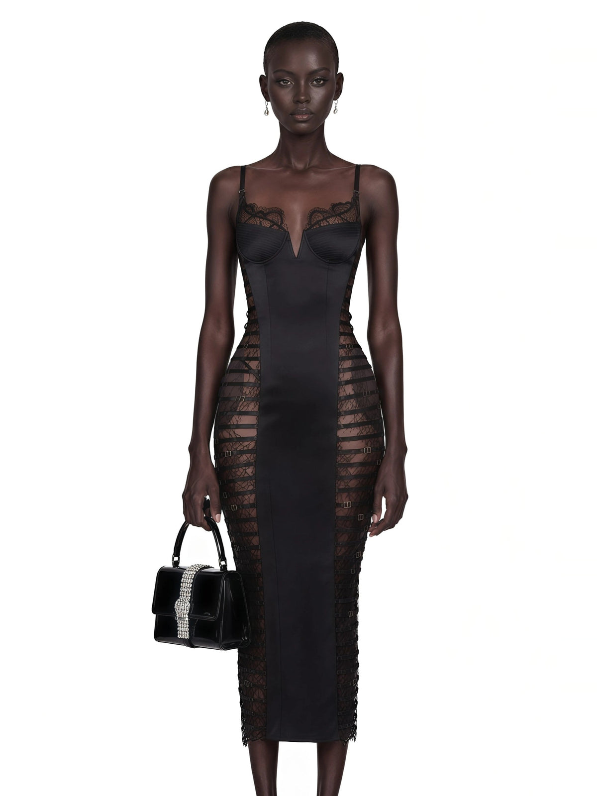 Melora Floral Lace Corset Slit Midi Dress - Black — Svelte Chic
