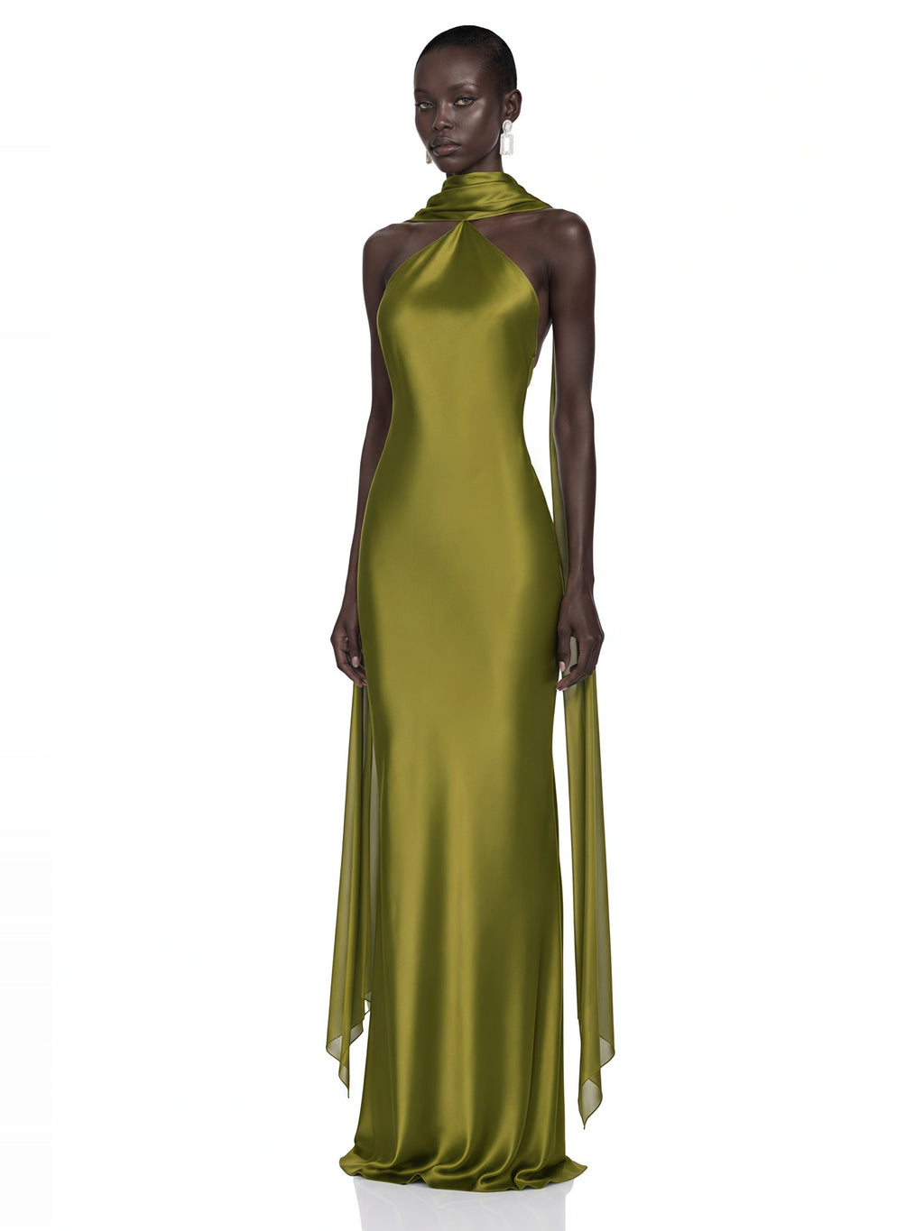 Rowena Scarf-Detail Draped Halterneck Maxi Dress - Olive Green — Svelte Chic