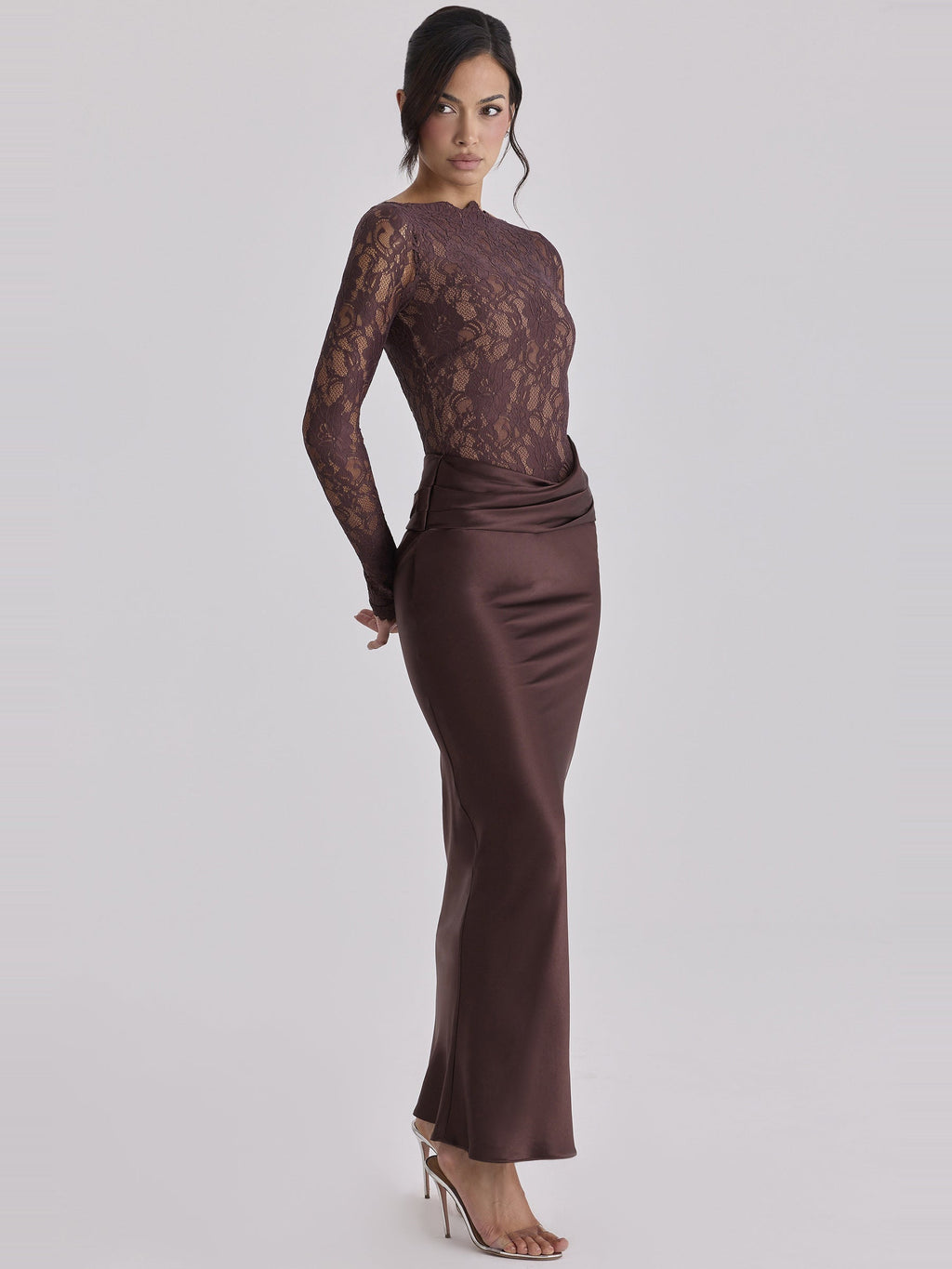 Yasmeen Lace Draped Satin Maxi Dress — Svelte Chic