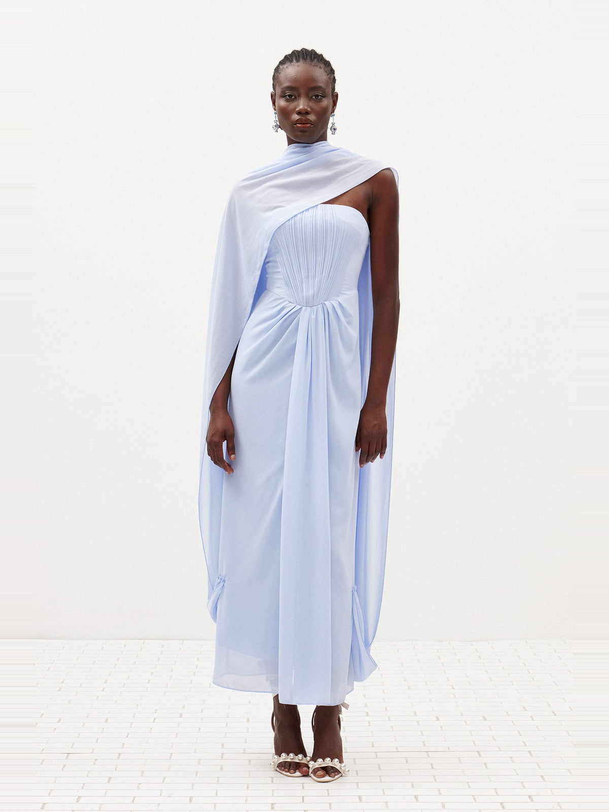 Giosetta Strapless Mesh Shawl Draped Maxi Dress — Svelte Chic