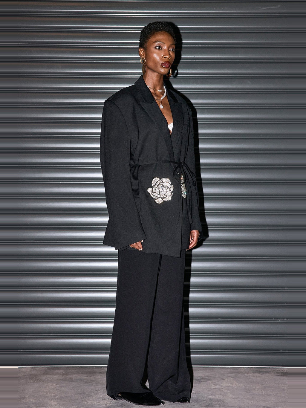 Jiya Crystal-Embellished Belted Oversized Blazer - Black — Svelte Chic