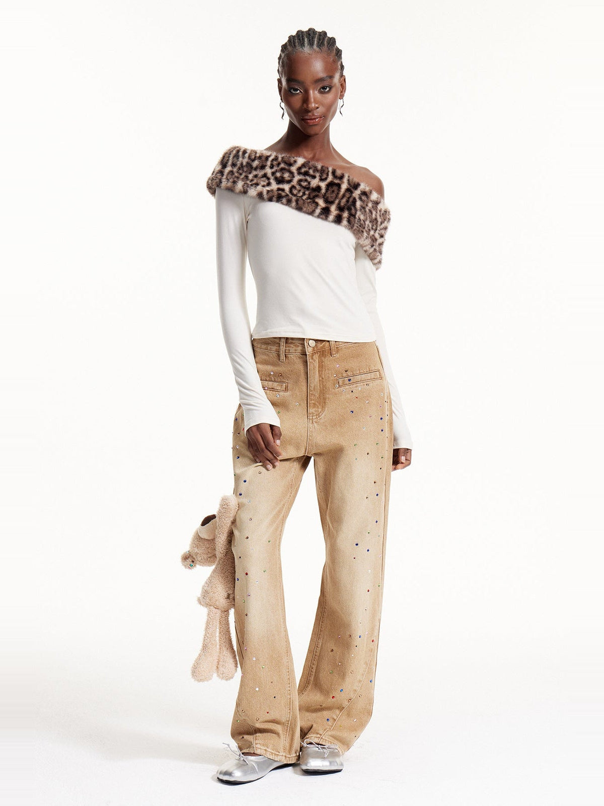 Ellis Leopard Faux Fur Asymmetric Shoulder Top - Ivory — Svelte Chic