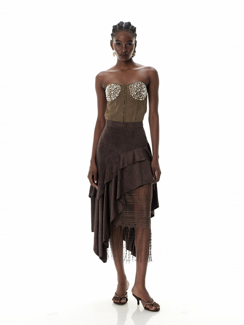 Cruz Tiered Ruffle Asymmetric Suede Maxi Skirt - Brown — Svelte Chic