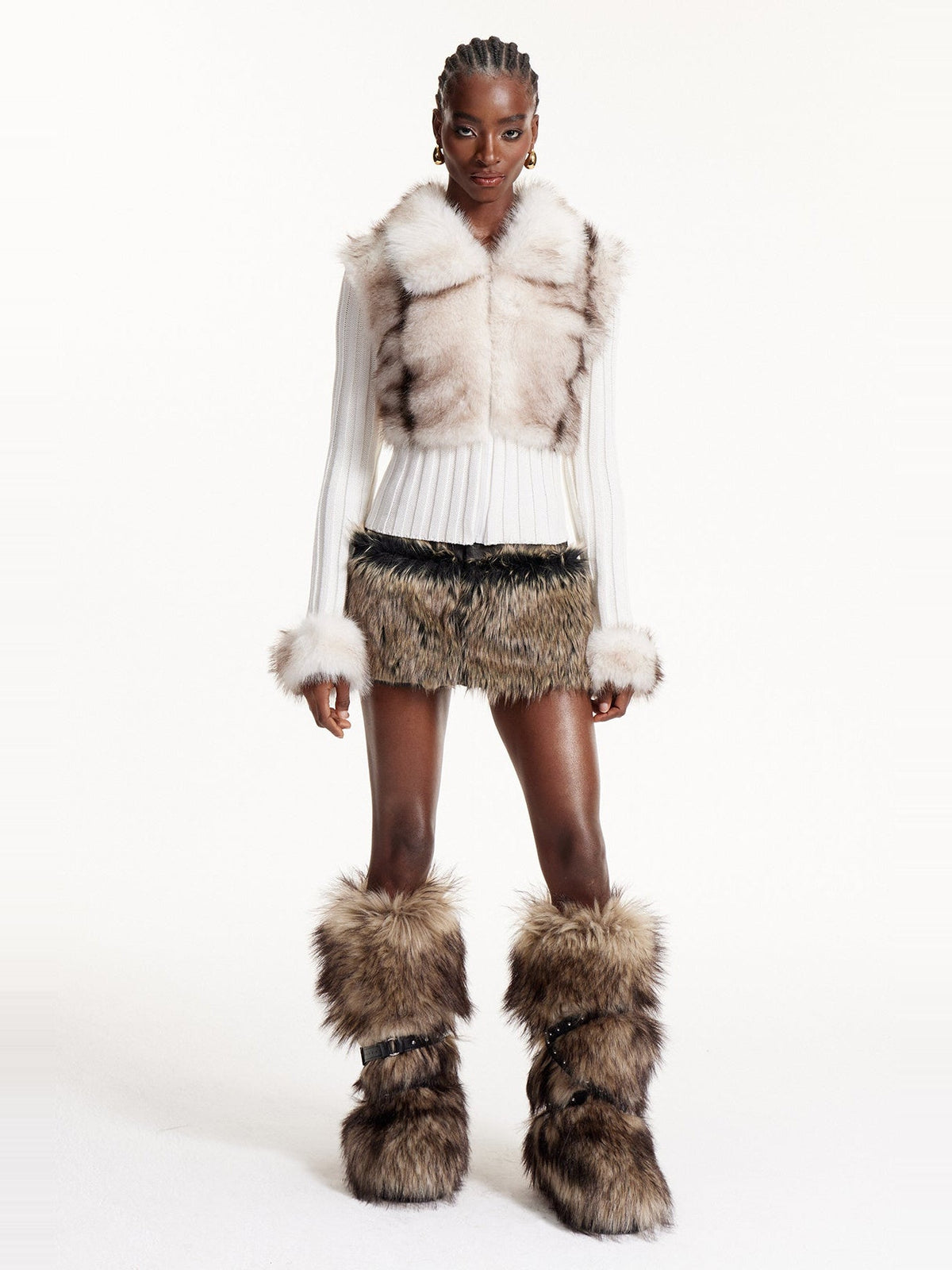 Agrafena Faux Fur Trim Ribbed Knit Top - White — Svelte Chic