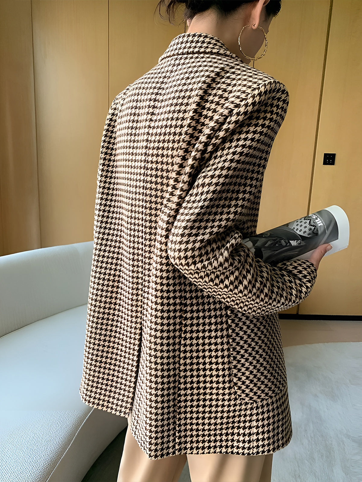 Houndstooth Belted Patch Pocket Blazer - Khaki — Svelte Chic